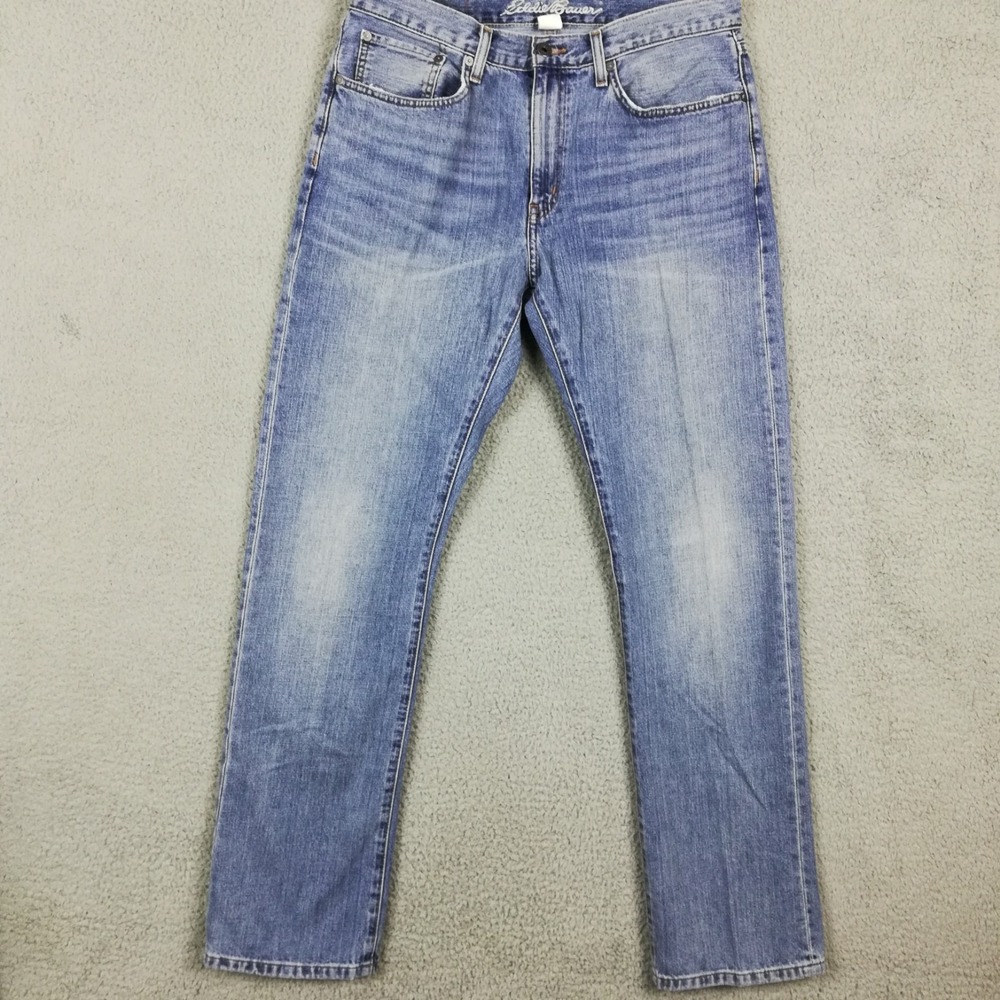 Eddie Bauer Mens Jeans Straight Leg Light Wash Denim Blue‎ Whiskering 34x34